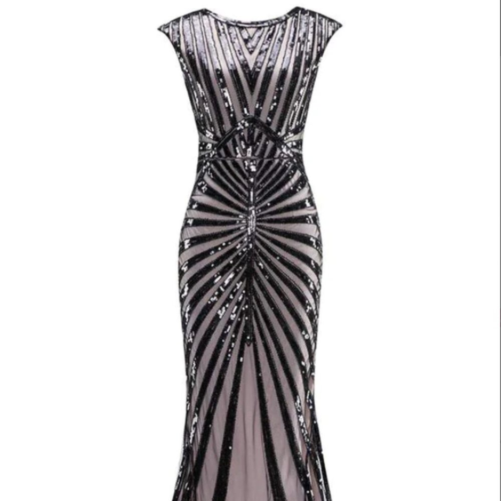 Retro Stage Black and nude 1920S SEQUIN ART DECO MAXI DRESS